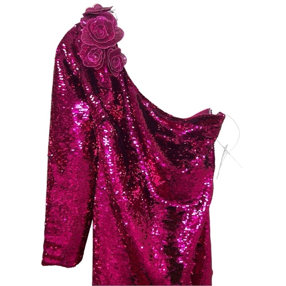 Marchesa Notte, NWT Women’s One-Shoulder Sequin Mini Dress, Fuchsia Pink Size 12 - Picture 5 of 13